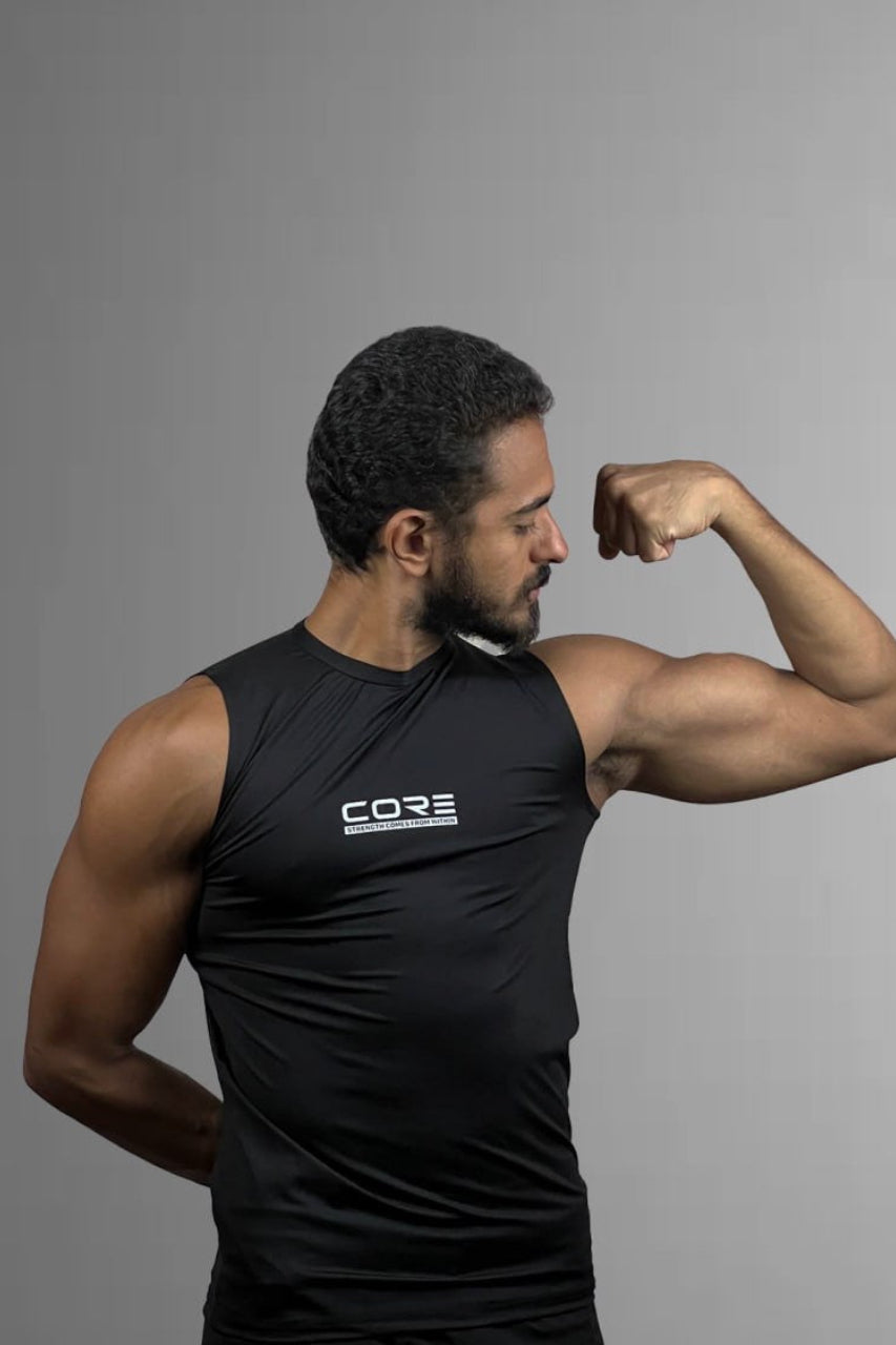 CORE Sleeveless Compression Tank Black flex pose